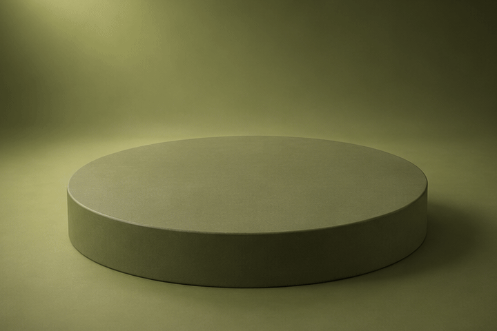 3D illustration in four steps: an empty olive plinth, then a folded white gi jacket, then folded white pants beside it, then a coiled white belt on top