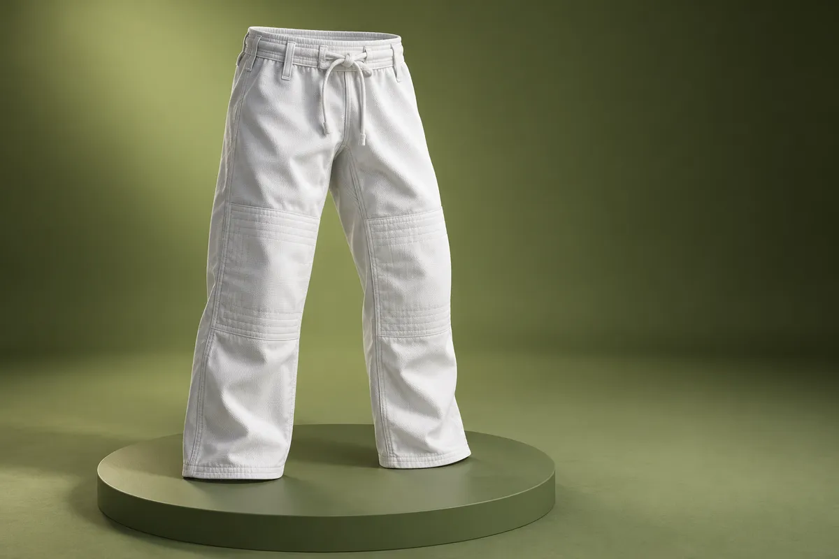 3D illustration of white BJJ gi pants standing on a plinth, showing stitched double-layer knee panels and a tied drawstring