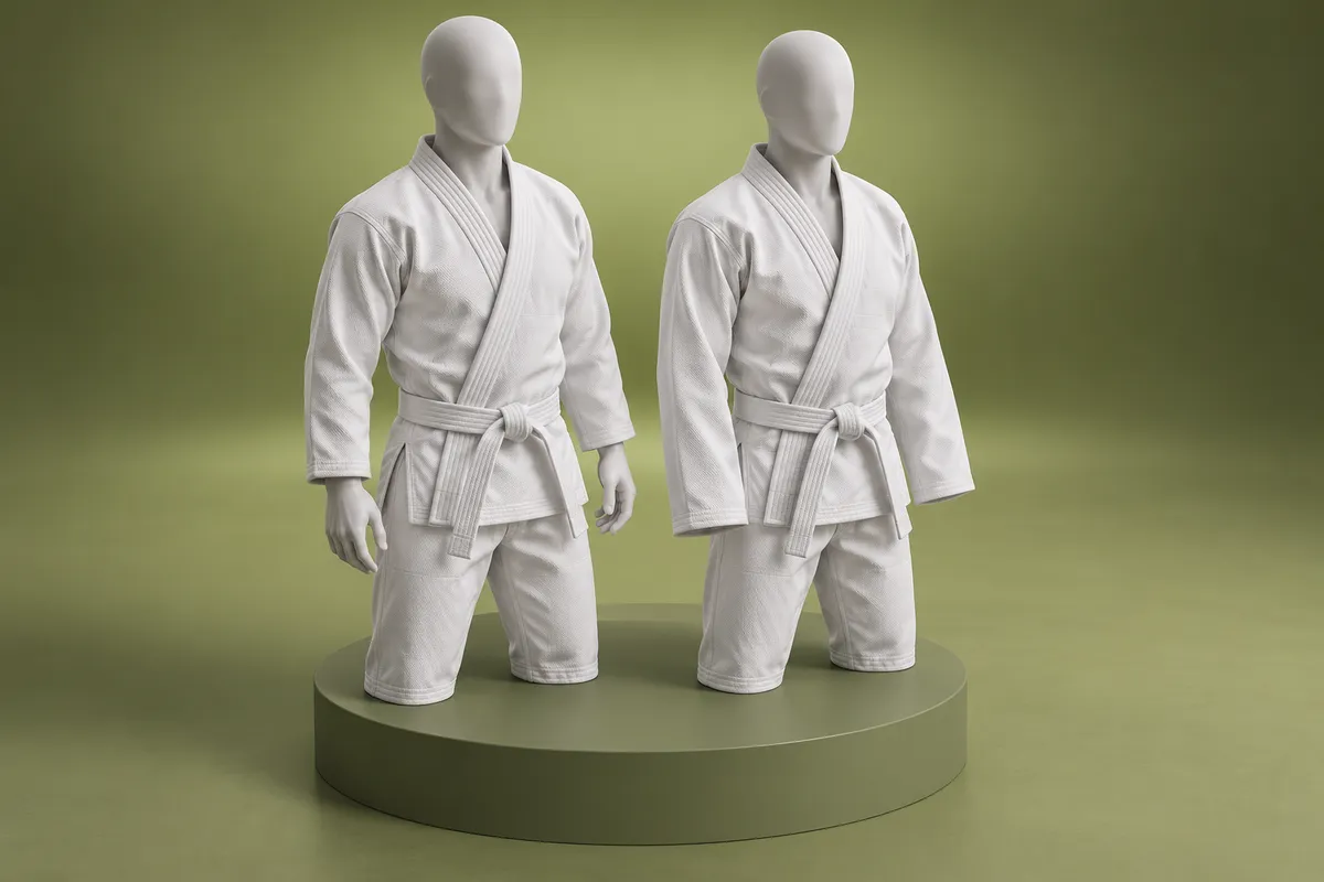 3D illustration of two white BJJ gi jackets on faceless mannequins, the right one with longer sleeves that cover the hands