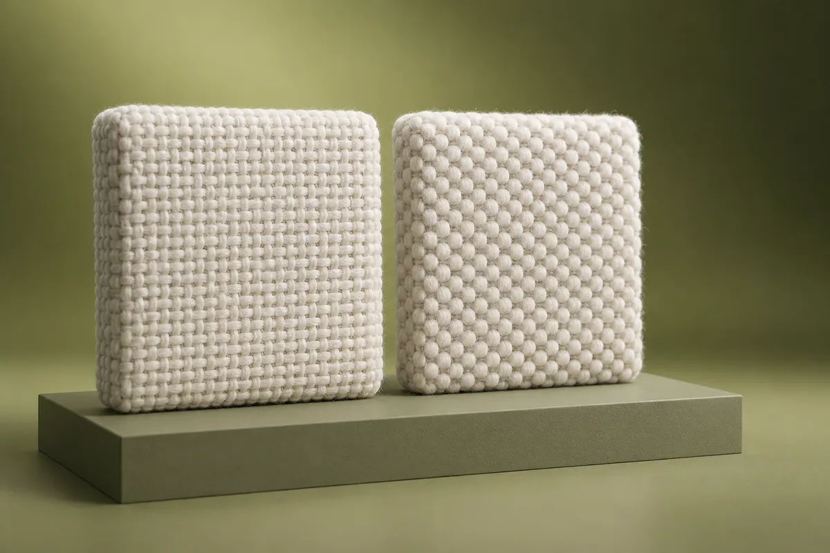 3D illustration of two white cotton fabric tiles, a flat single weave on the left and a bumpy pearl weave on the right