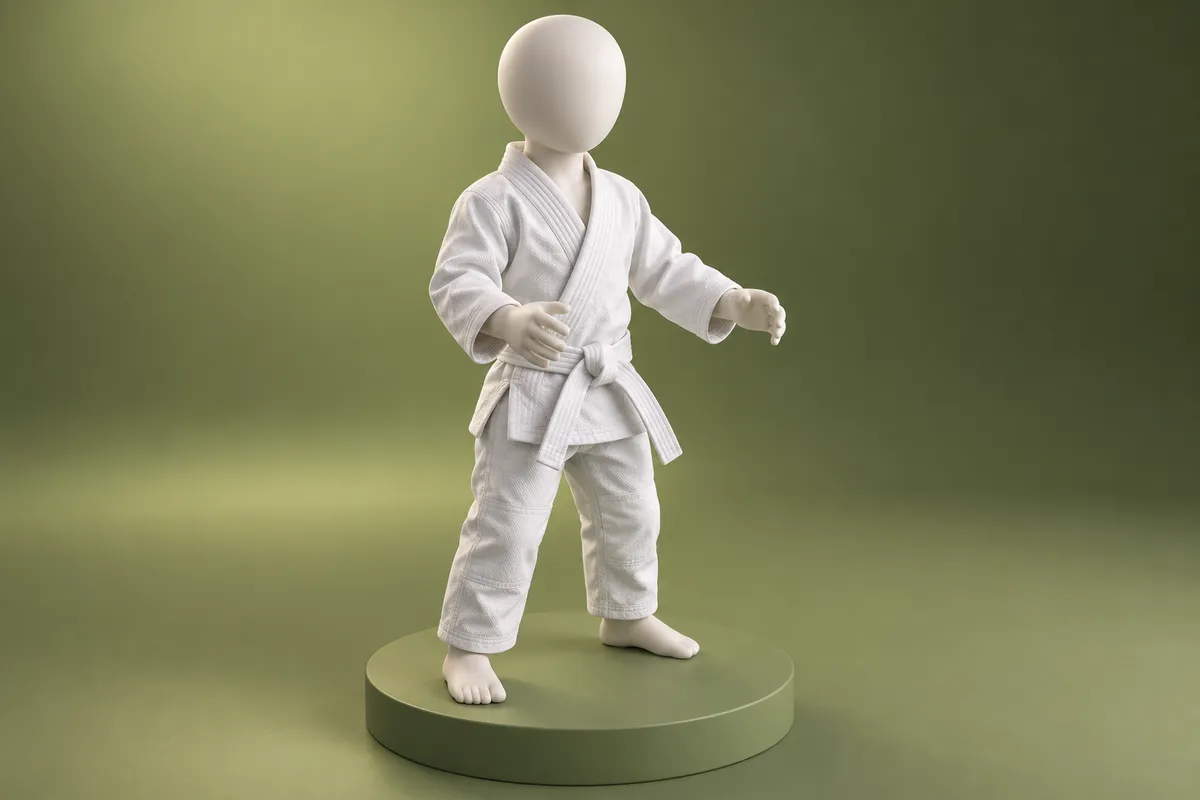 3D illustration of a faceless child-size mannequin in a white gi with a white belt, arms held forward so the sleeve ends sit near the wrists