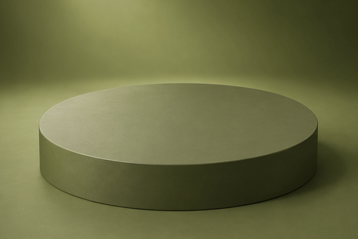 3D illustration in four steps: an empty olive plinth, then a folded white kids gi jacket, then folded white pants beside it, then a coiled white belt on top of the jacket
