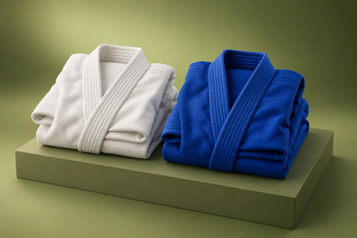 3D illustration of two folded kids gis side by side on a plinth, one white and one royal blue
