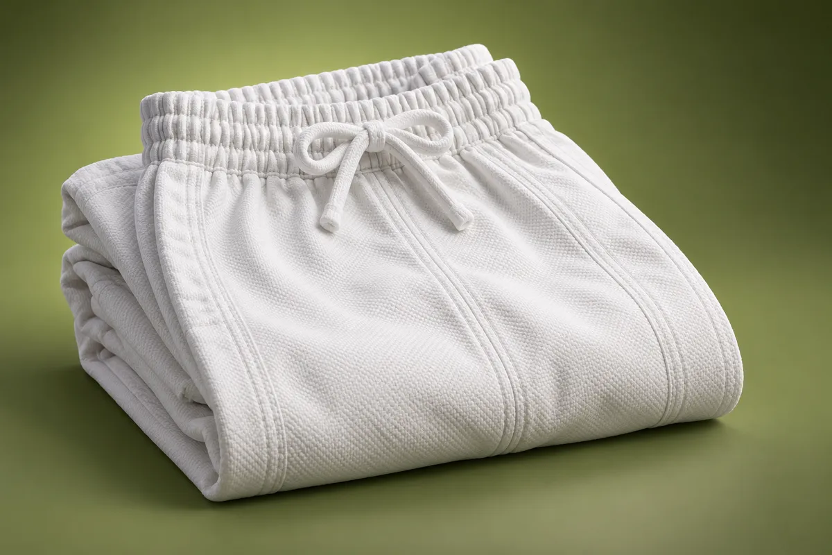 3D illustration of folded white kids gi pants with an elastic gathered waistband and a short drawstring tied in a bow