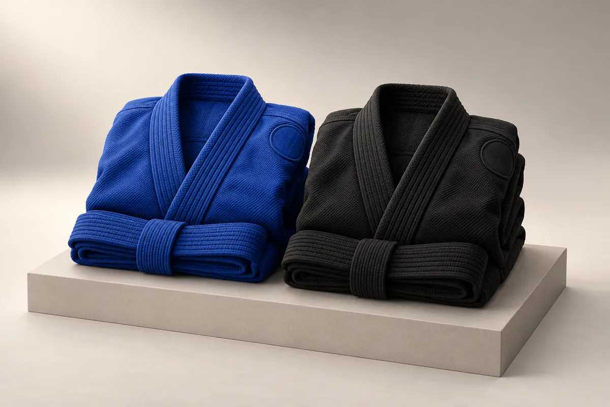 3D illustration of a folded royal blue gi and a folded black gi side by side, each with a blank round patch on the shoulder