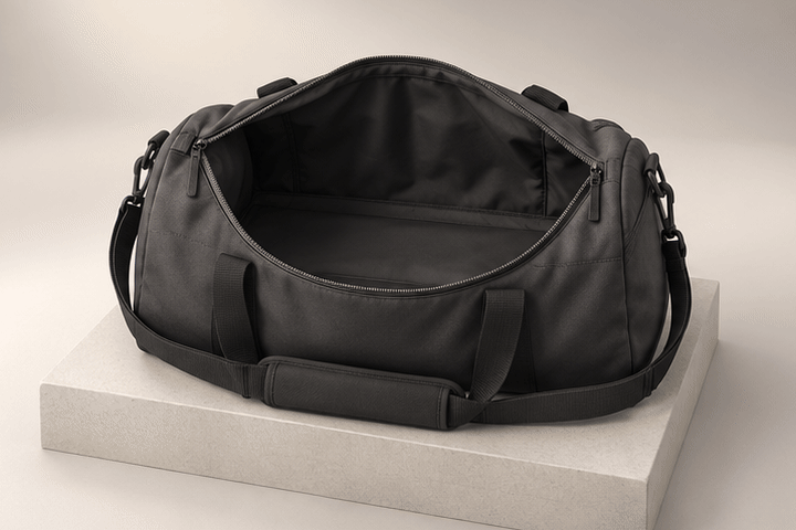 3D illustration in four steps: an empty dark grey sports bag, then a folded royal blue gi inside, then a spare gi on top, then a coiled black belt and a water bottle