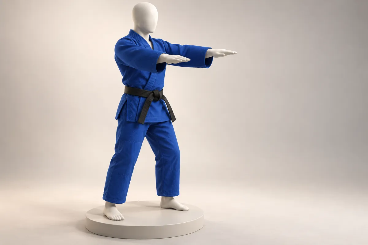 3D illustration of a faceless mannequin in a royal blue gi with a black belt, arms held straight forward to check sleeve length