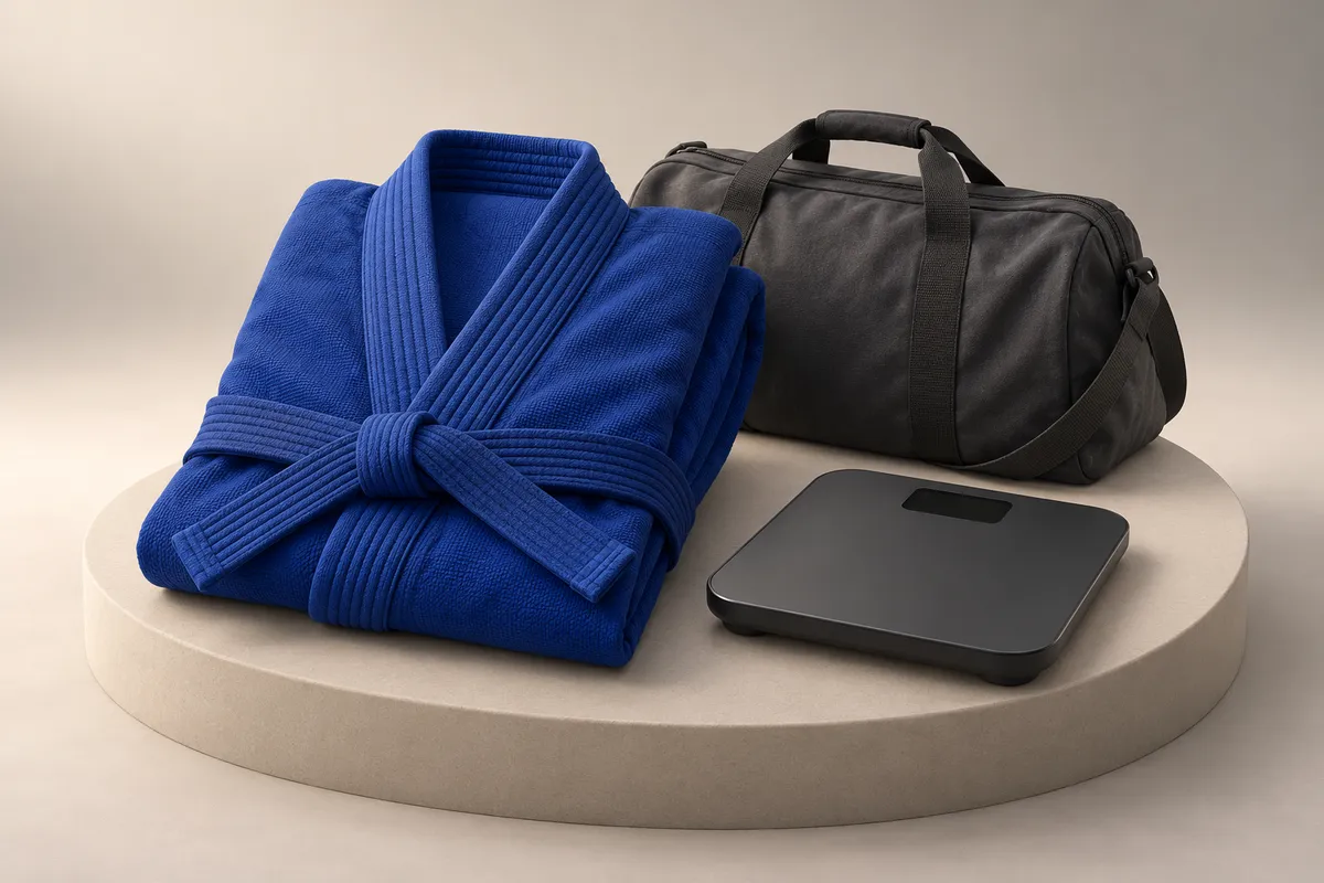 3D illustration of a folded royal blue gi beside a platform scale with a blank display and a dark grey gym bag