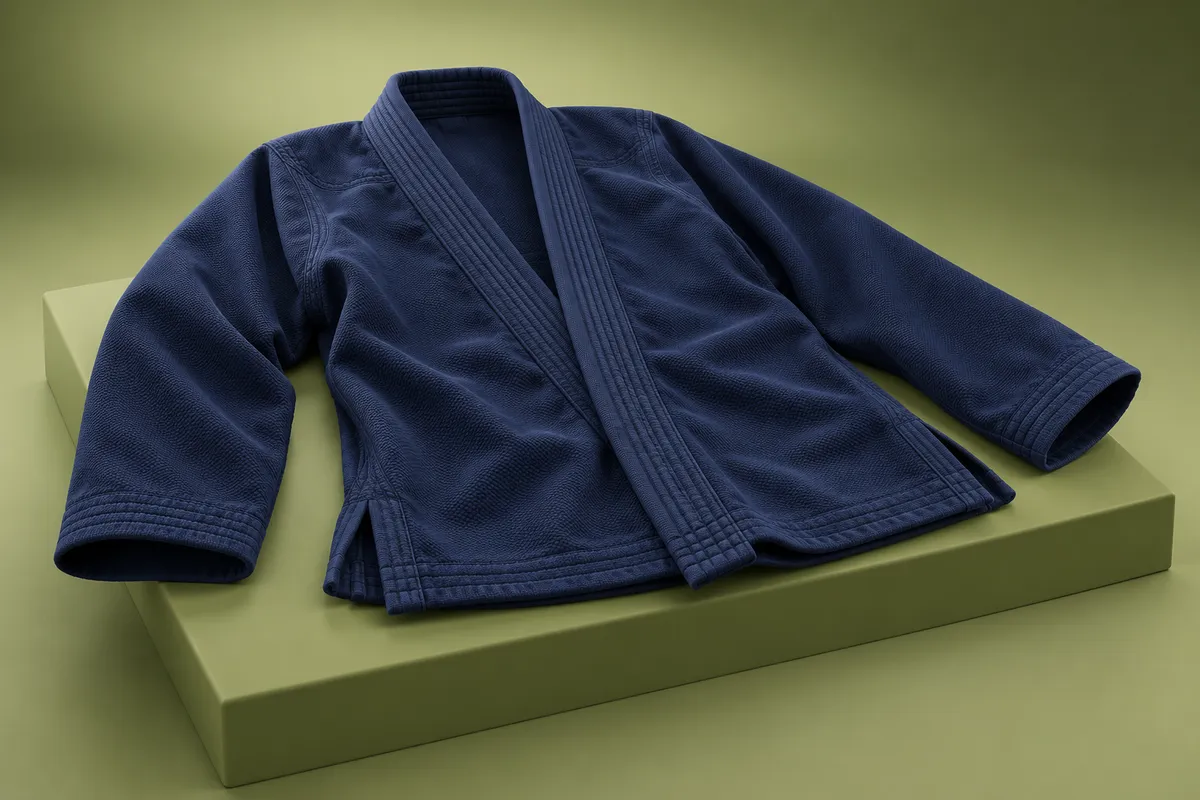 3D illustration of a navy BJJ gi jacket laid flat, showing the thick stitched collar, lapel, cuffs and side slits