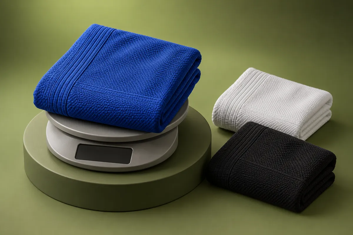 3D illustration of a folded blue gi fabric swatch on a kitchen scale with a blank display, beside white and black swatches