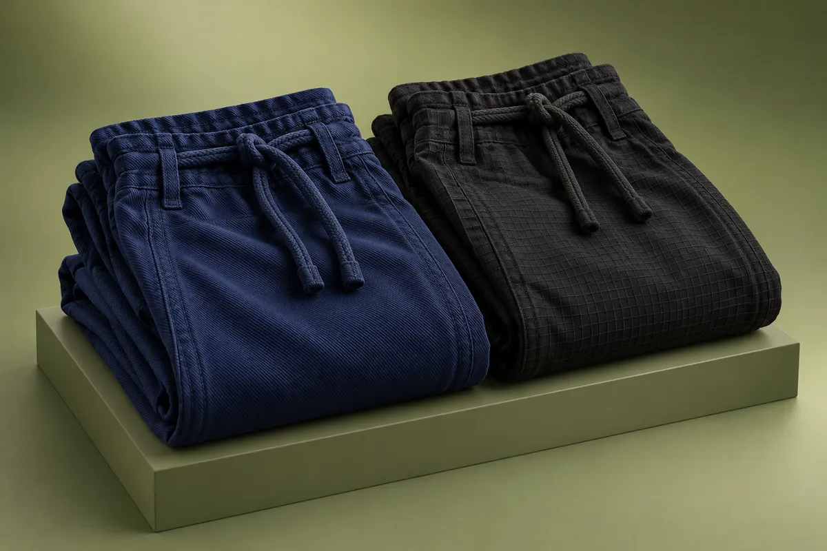 3D illustration of folded navy twill gi pants beside folded black ripstop gi pants, both with rope drawstrings