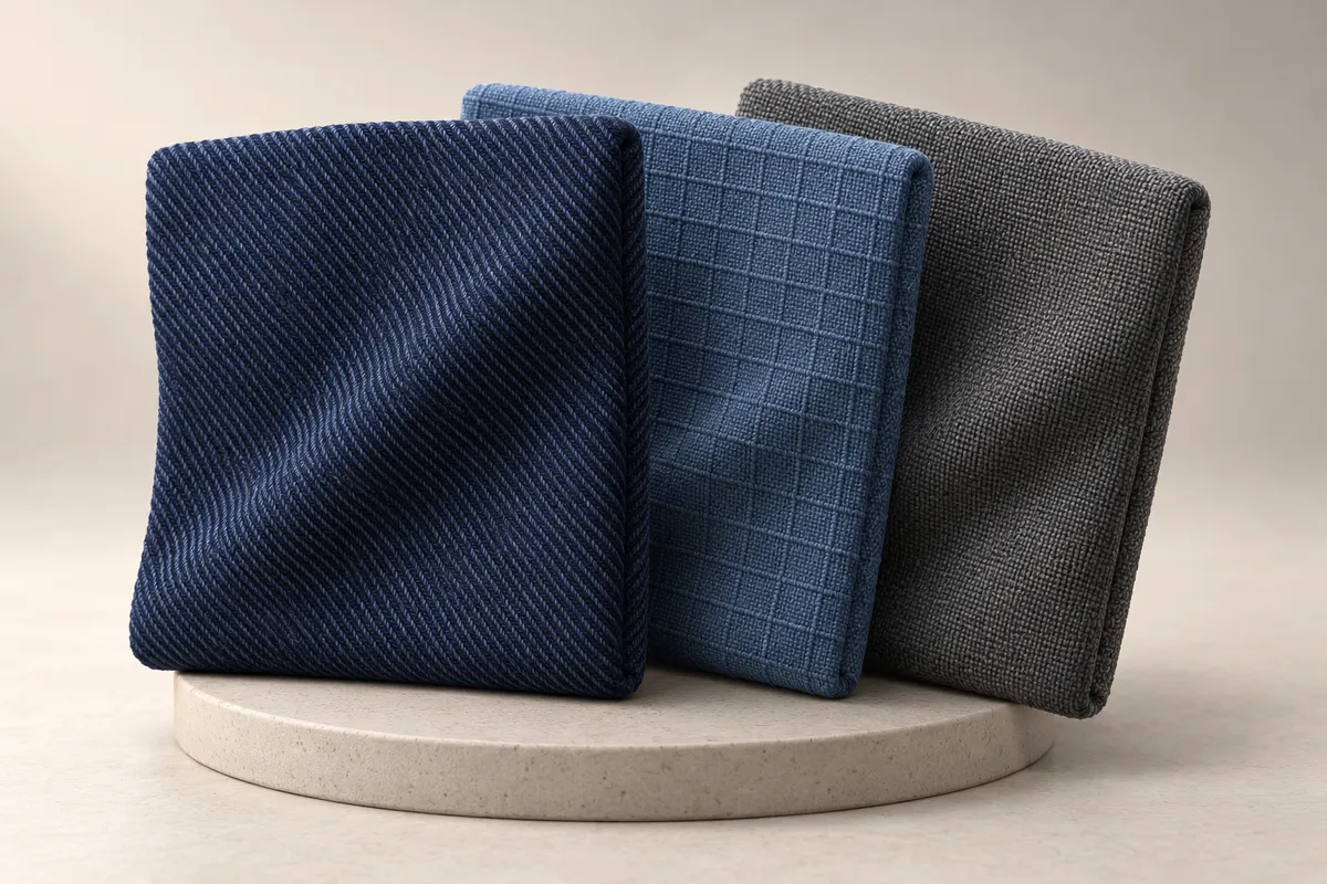 3D illustration of three fabric swatches in a fan: navy twill with diagonal ribs, blue ripstop with a square grid and a charcoal plain weave