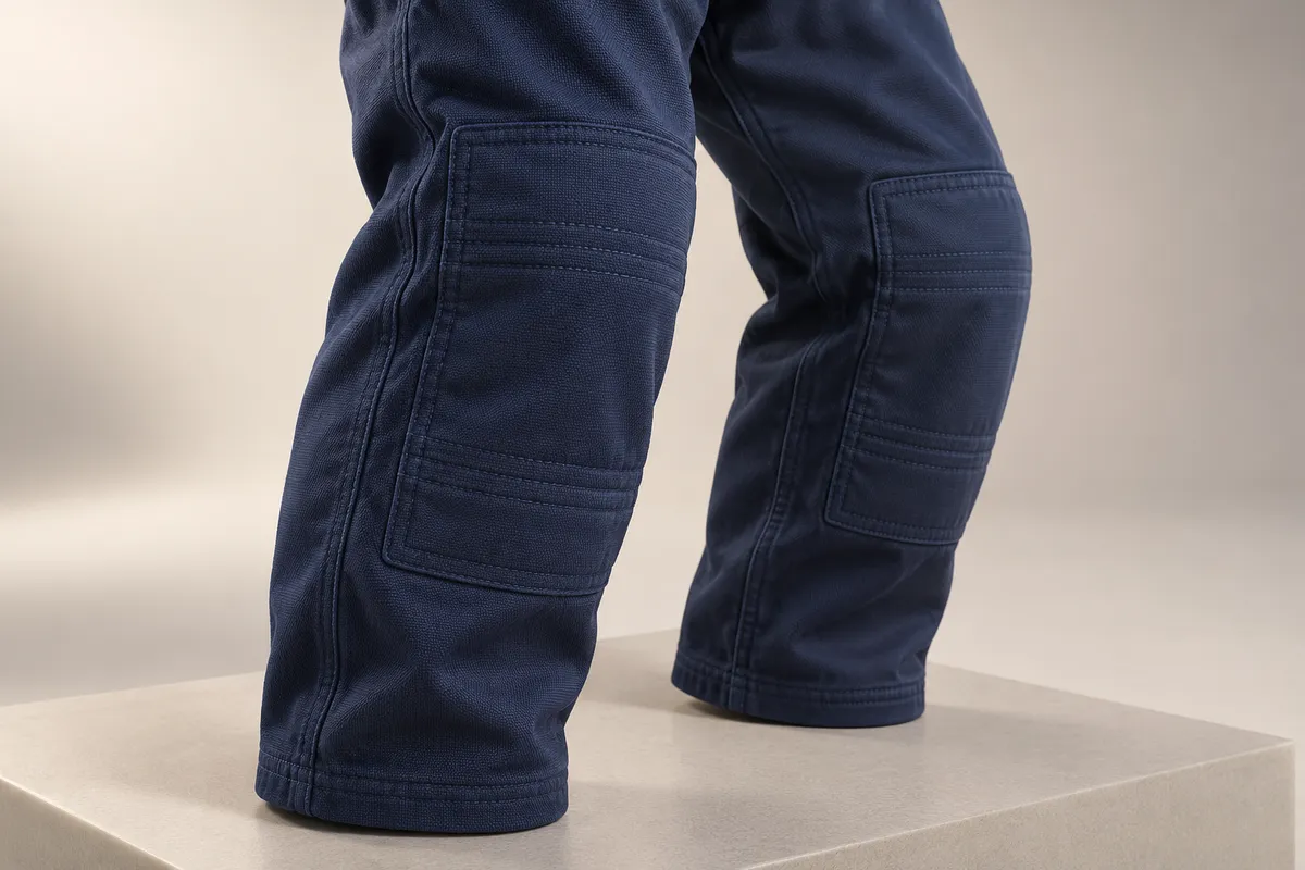 3D illustration of navy gi pants with a stitched double layer panel over each knee
