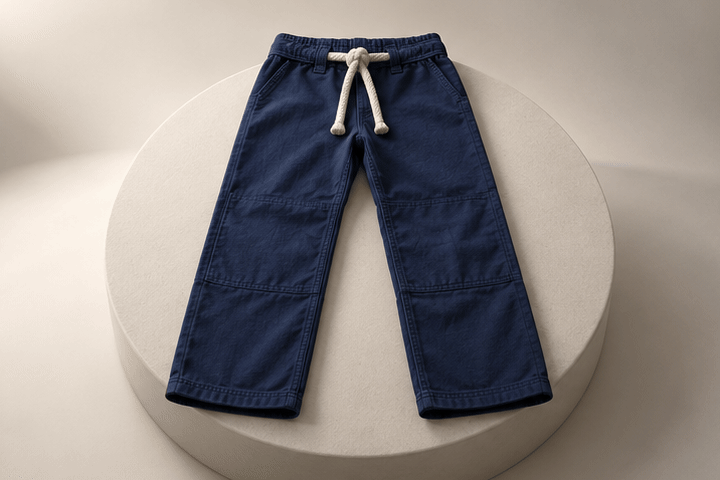 3D illustration in four steps: navy gi pants with a rope drawstring laid flat, then folded lengthwise, then folded at the knee, then stacked with the waistband on top