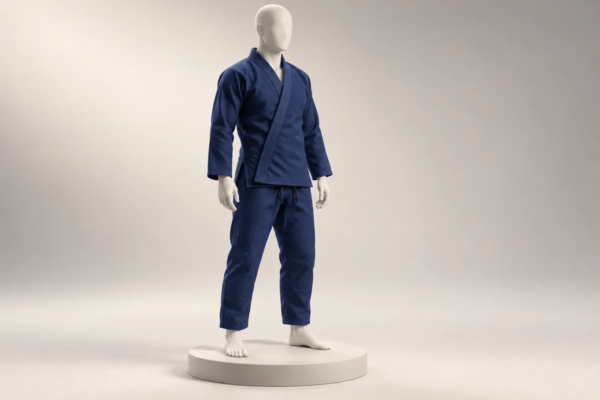 3D illustration of a faceless mannequin in a navy gi with the pant hems ending just above the ankles