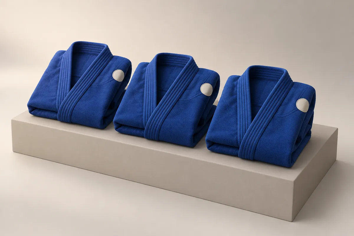 3D illustration of three folded blue gis in a row, each with the same blank round patch on the shoulder