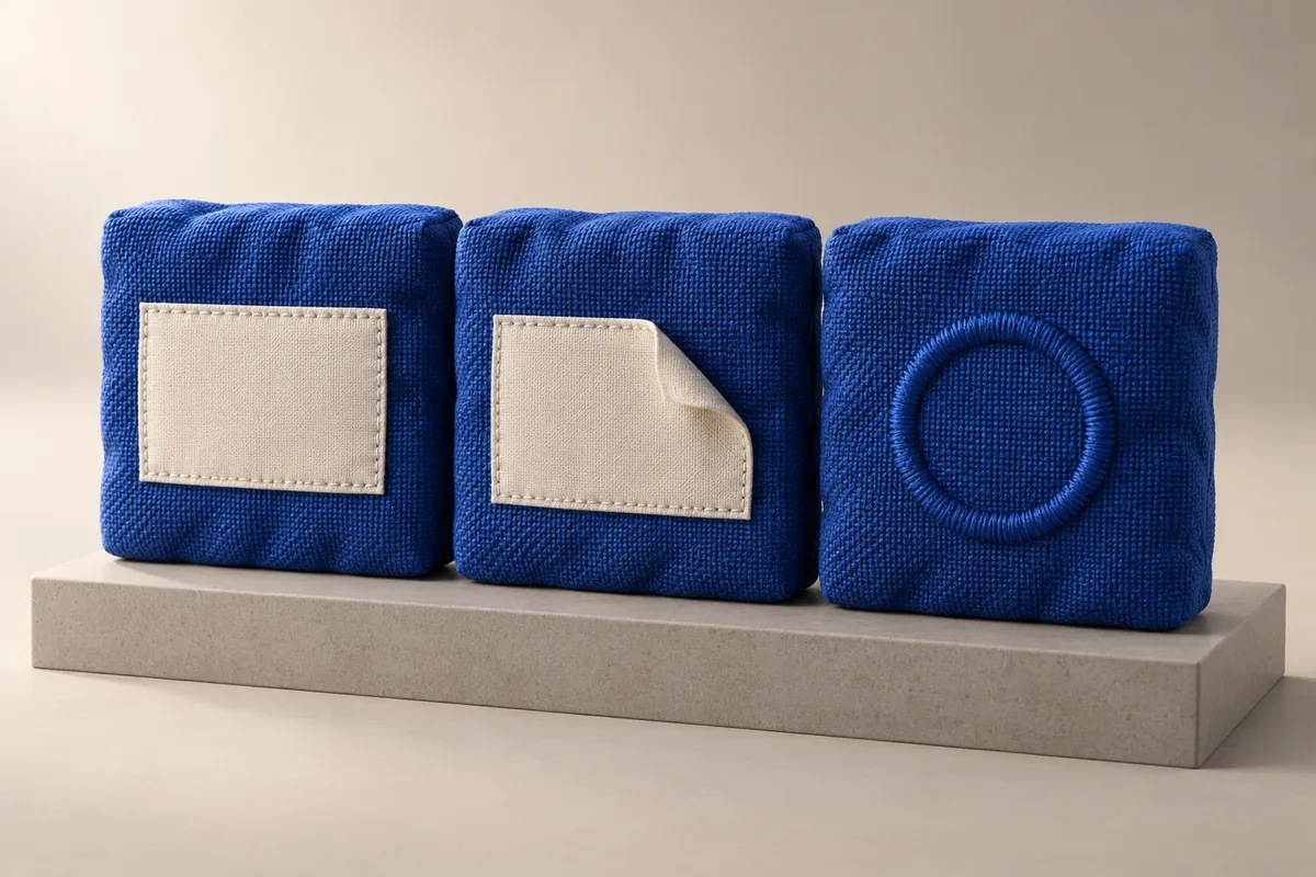 3D illustration of three blue fabric tiles: a sewn-on blank patch, a blank patch with a lifting corner, and a raised embroidered circle