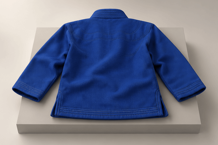 3D illustration in four steps: the back of a plain blue gi jacket, then a blank patch on one shoulder, then on both shoulders, then a wide blank patch across the upper back
