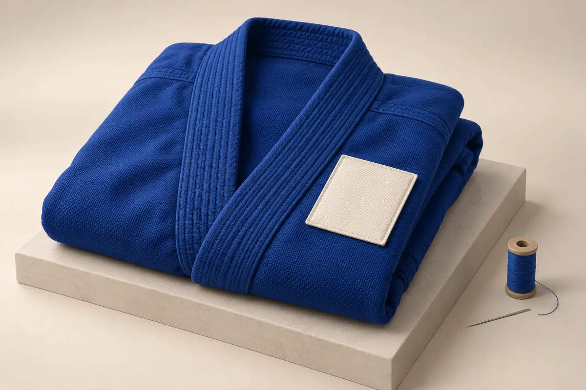3D illustration of a folded blue gi with a blank patch on top, a spool of blue thread and a needle beside it