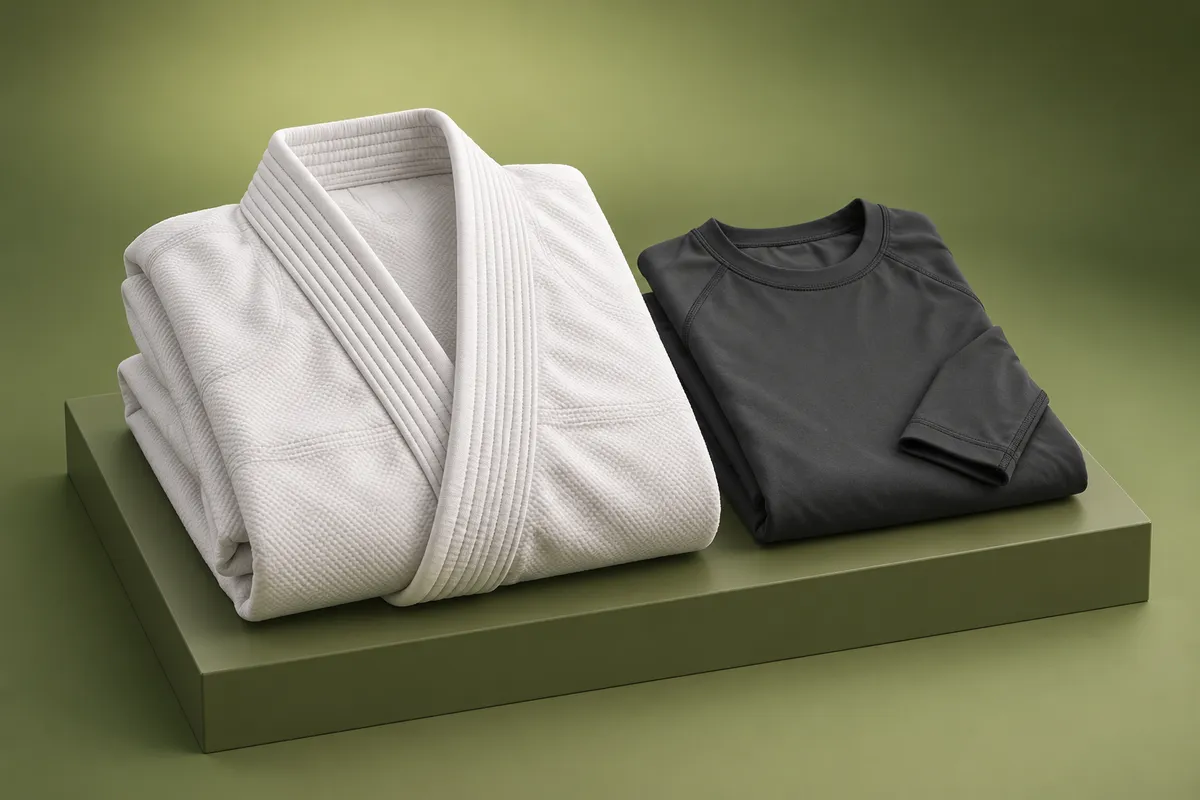 3D illustration of a folded white gi beside a folded plain dark grey rash guard