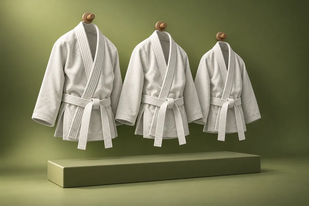 3D illustration of three white gi jackets in different sizes hanging on wooden pegs