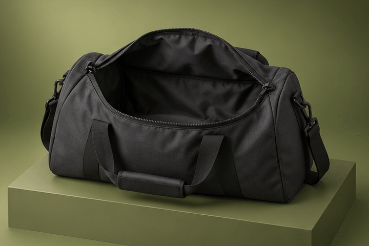 3D illustration in four steps: an empty open sports bag, then a folded white gi inside, then a coiled white belt on top, then a water bottle beside the bag