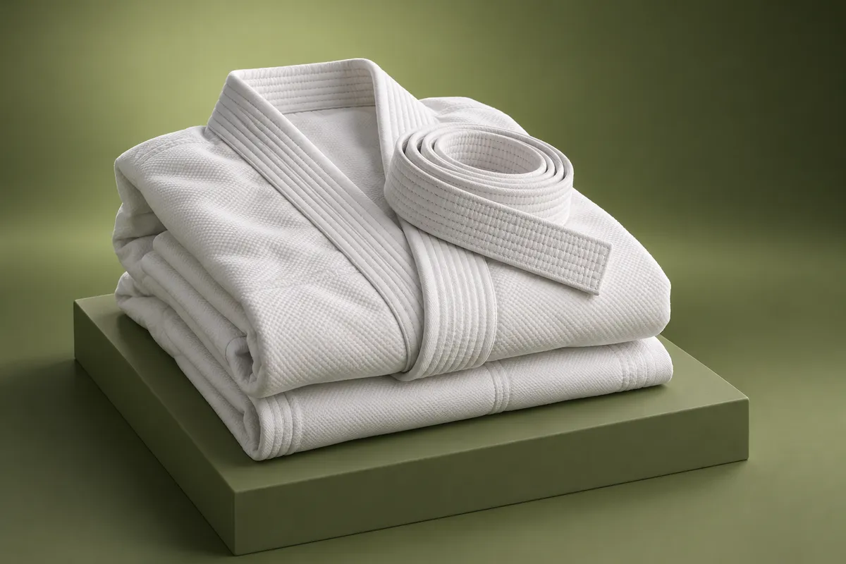 3D illustration of a new folded white gi with a coiled white belt on top