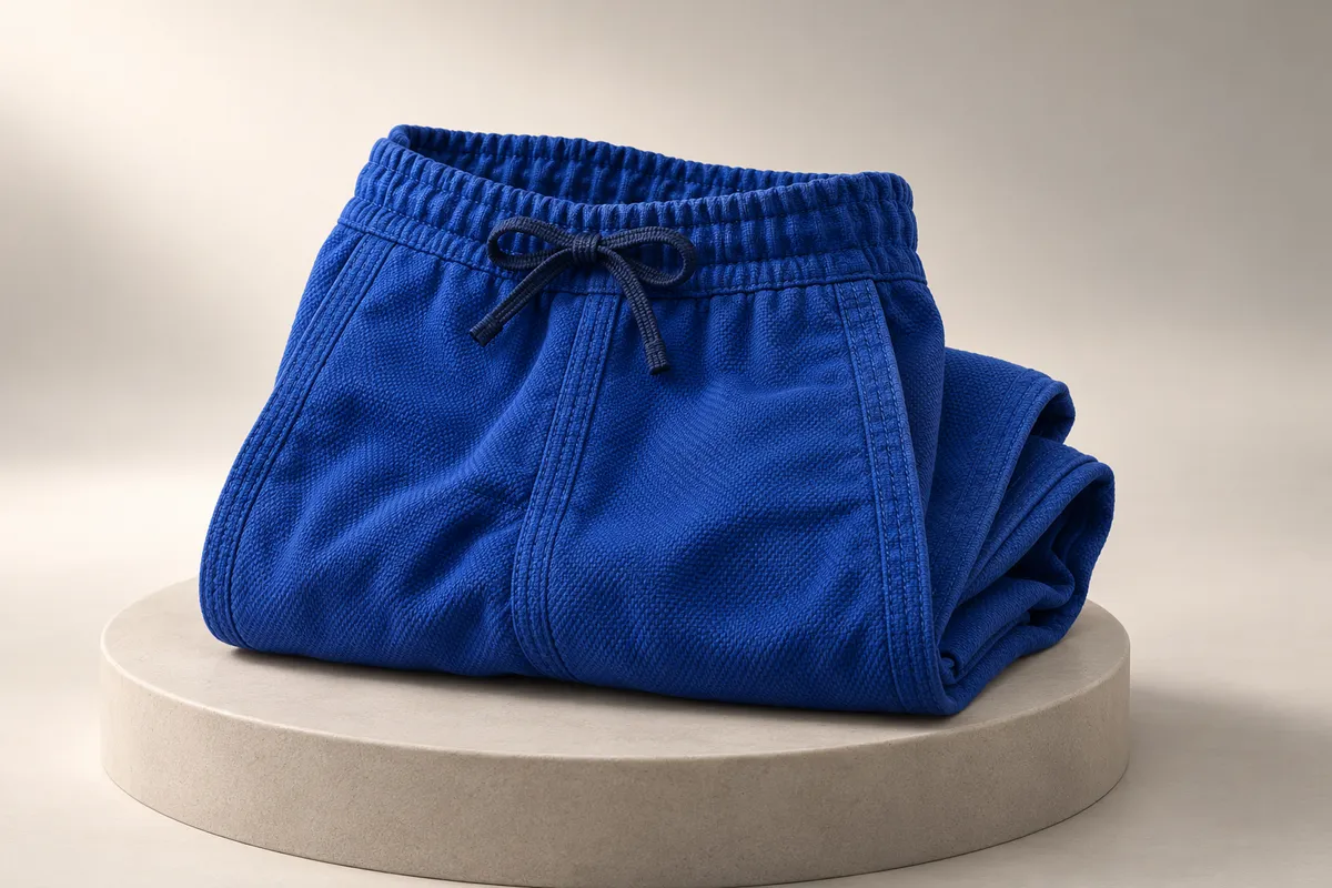 3D illustration of small folded royal blue kids gi pants with an elastic gathered waistband and a short navy cord tied in a bow