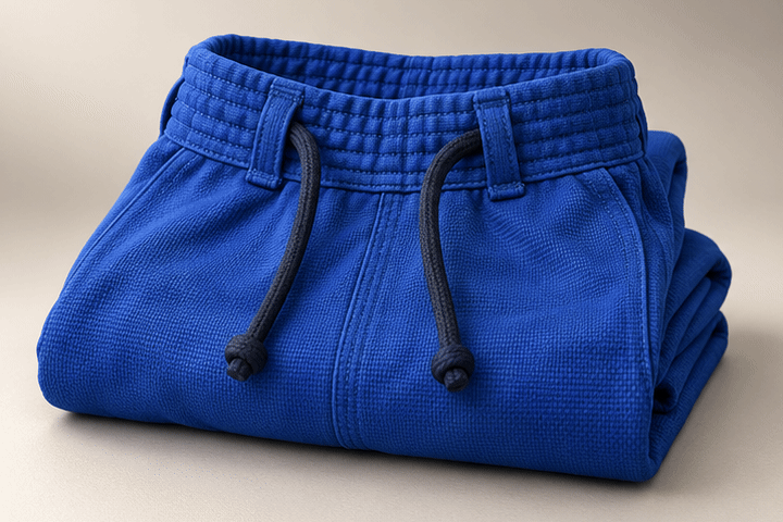 3D illustration in four steps: a royal blue gi pants waistband with loose navy drawstring ends, the ends crossed, a bow tied, then the bow tucked inside the waistband