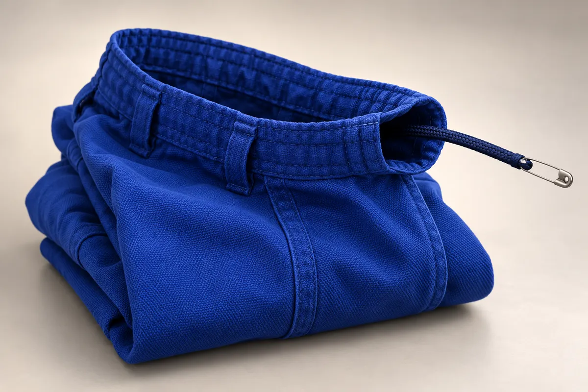 3D illustration of a navy cord with a safety pin on its end coming out of the waistband channel of royal blue gi pants