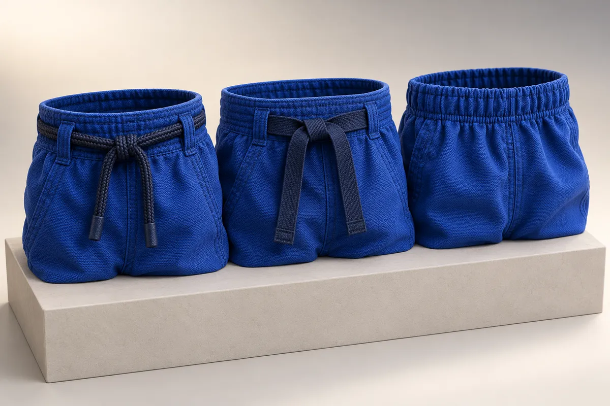 3D illustration of three royal blue gi pant waistbands side by side: a navy rope drawstring, a flat navy cord and an elastic band