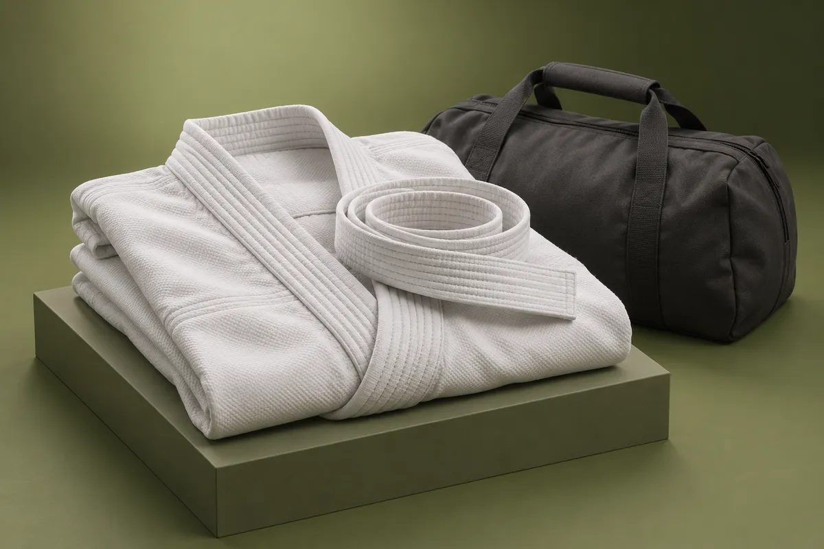 3D illustration of a folded white BJJ gi with a coiled white belt on a plinth beside a plain dark grey sports bag