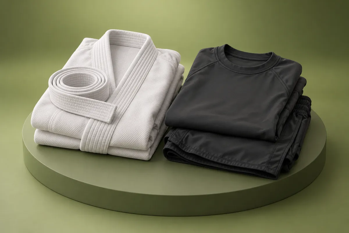 3D illustration of two kit piles on a plinth: a folded white BJJ gi with a coiled white belt, and a folded dark rash guard on dark shorts