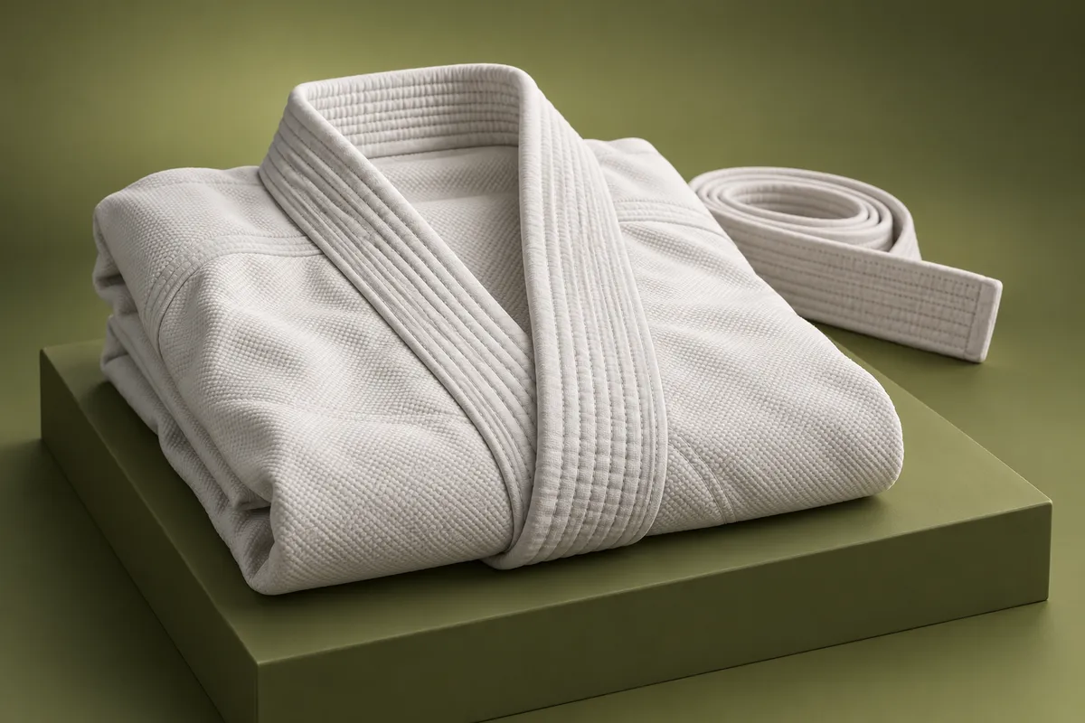 3D close-up of the thick stitched lapel and collar of a folded white BJJ gi jacket, with a coiled white belt behind it