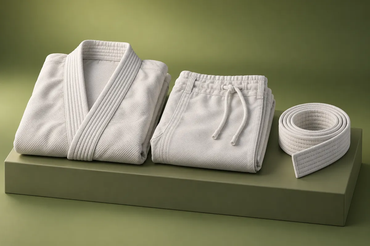 3D illustration of a white gi laid out in three parts on a plinth: folded jacket, folded pants with a drawstring and a coiled white belt