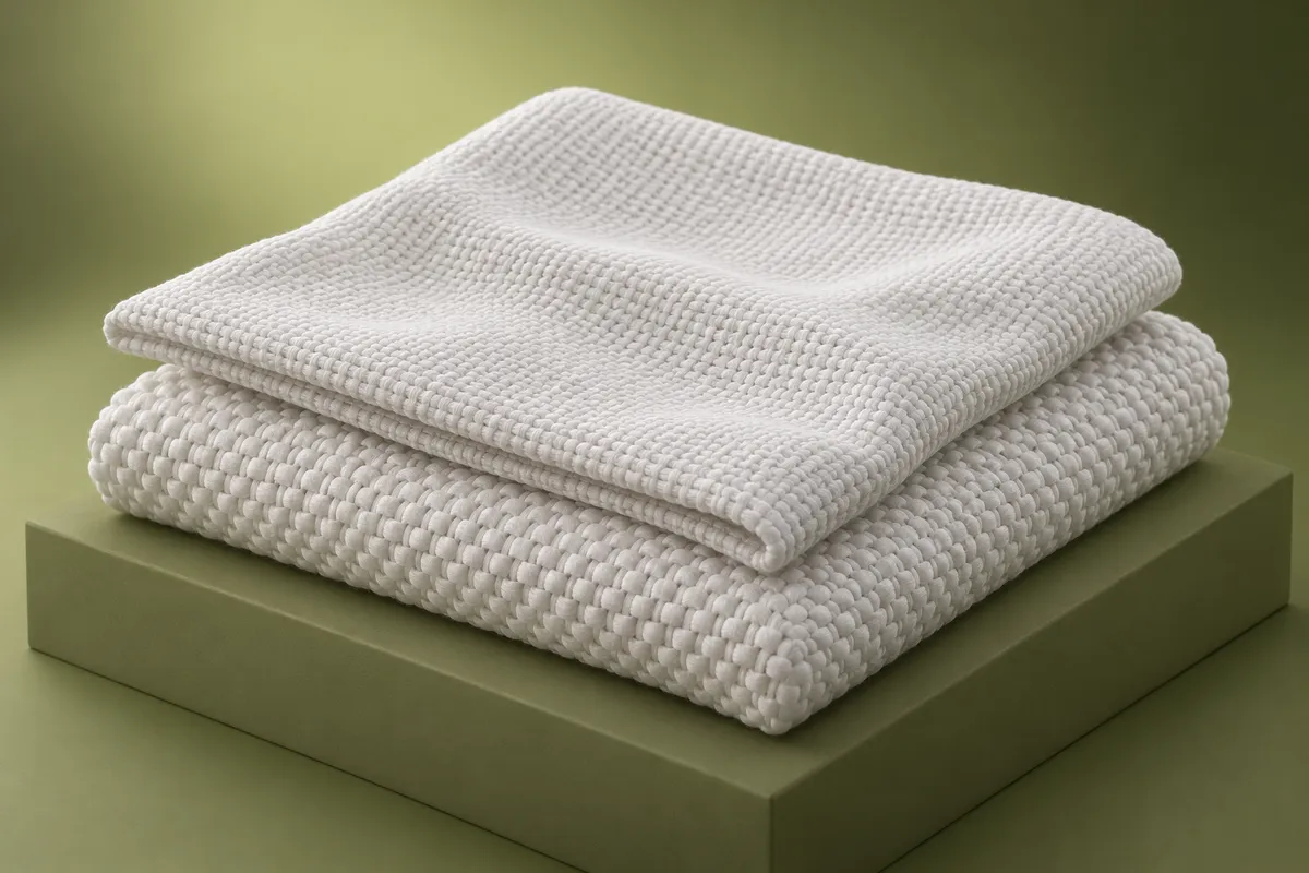 3D illustration of two folded white fabric swatches stacked on a plinth, a thinner weave on top of a thicker, coarser weave