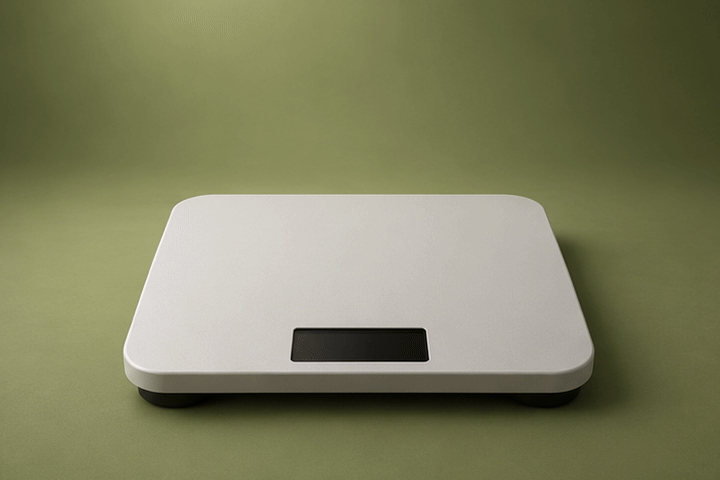 3D illustration in four steps: an empty bathroom scale, then folded white gi pants on it, then the jacket on top, then a coiled white belt