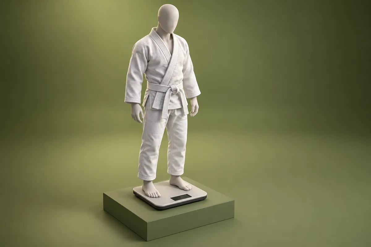 3D illustration of a faceless mannequin in a white gi and white belt standing on a platform scale with a blank display