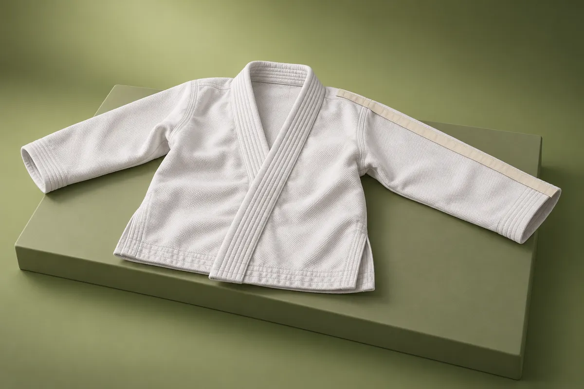 3D illustration of a white kids gi jacket laid flat with a plain tape measure along one sleeve from shoulder to cuff