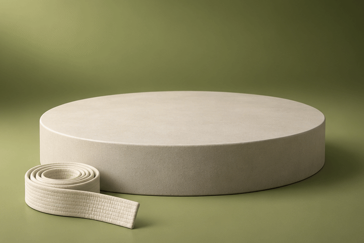 3D illustration in four steps: an empty plinth with a coiled tape measure, then one small folded white kids gi jacket, then two stacked, then three stacked from small to large
