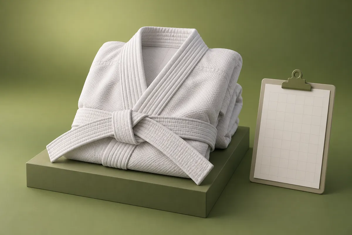 3D illustration of a folded white kids gi with a tied white belt beside a blank clipboard with an empty grid
