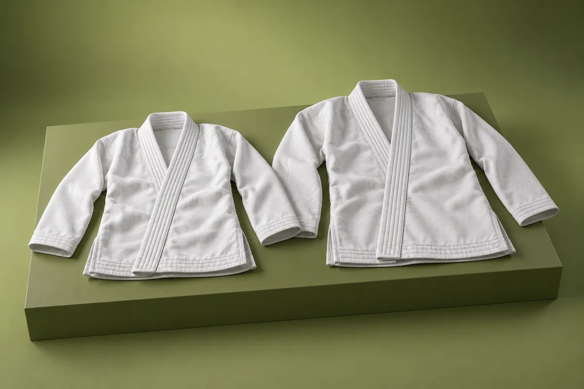 3D illustration of two white kids gi jackets laid flat side by side, the right one slightly larger