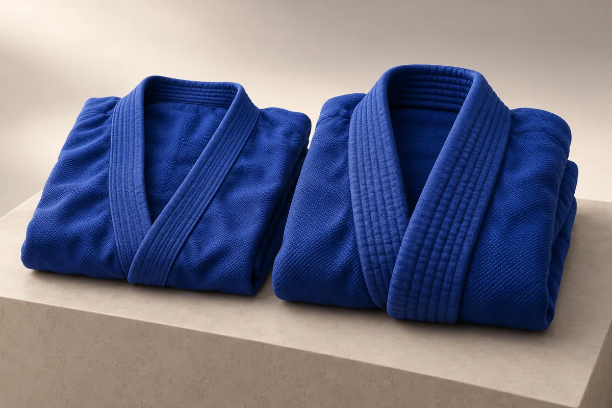 3D illustration of two folded royal blue gi jackets side by side, one with a slim lapel and one with a thicker lapel