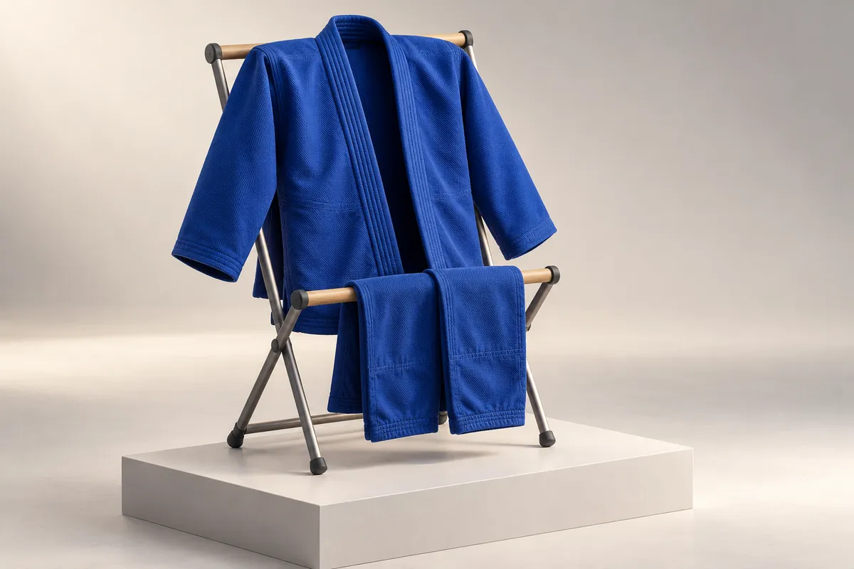 3D illustration of a royal blue gi jacket and pants hanging on a compact folding drying rack
