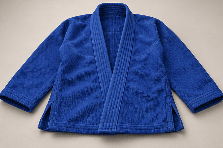 3D illustration in four steps: a royal blue gi jacket laid flat, folded into a strip, rolled pants added on top, then the bundle packed in a small travel pouch