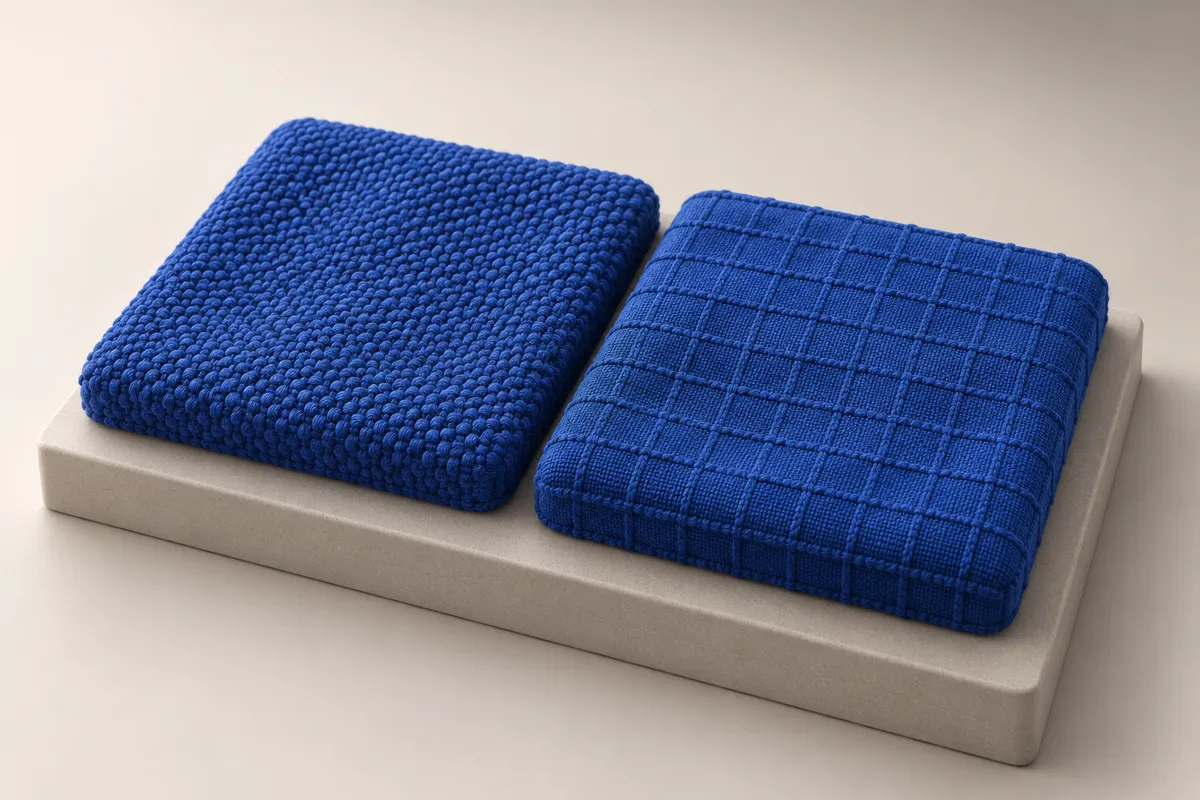3D illustration of two royal blue fabric tiles: a pearl weave with small raised bumps and a ripstop with a square grid
