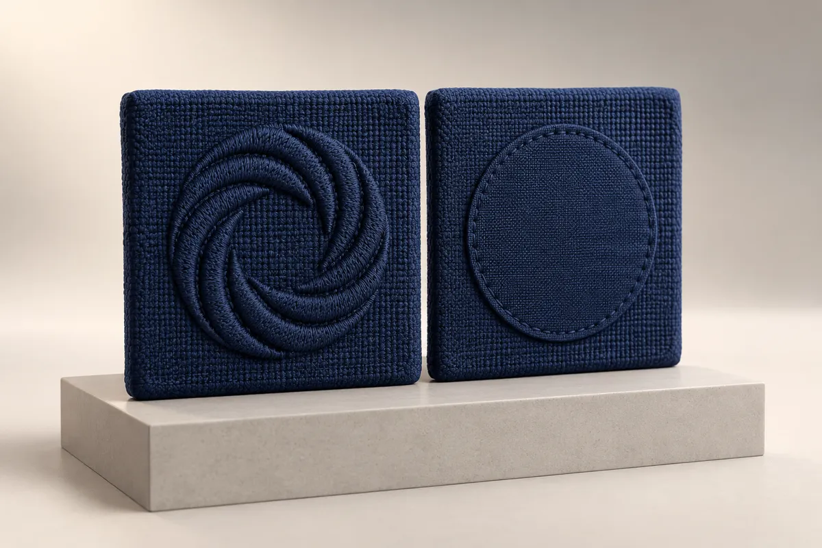 紺の生地タイル2枚の3Dイラスト。左は抽象的な刺繍、右は無地の丸いパッチを縫い付けたもの