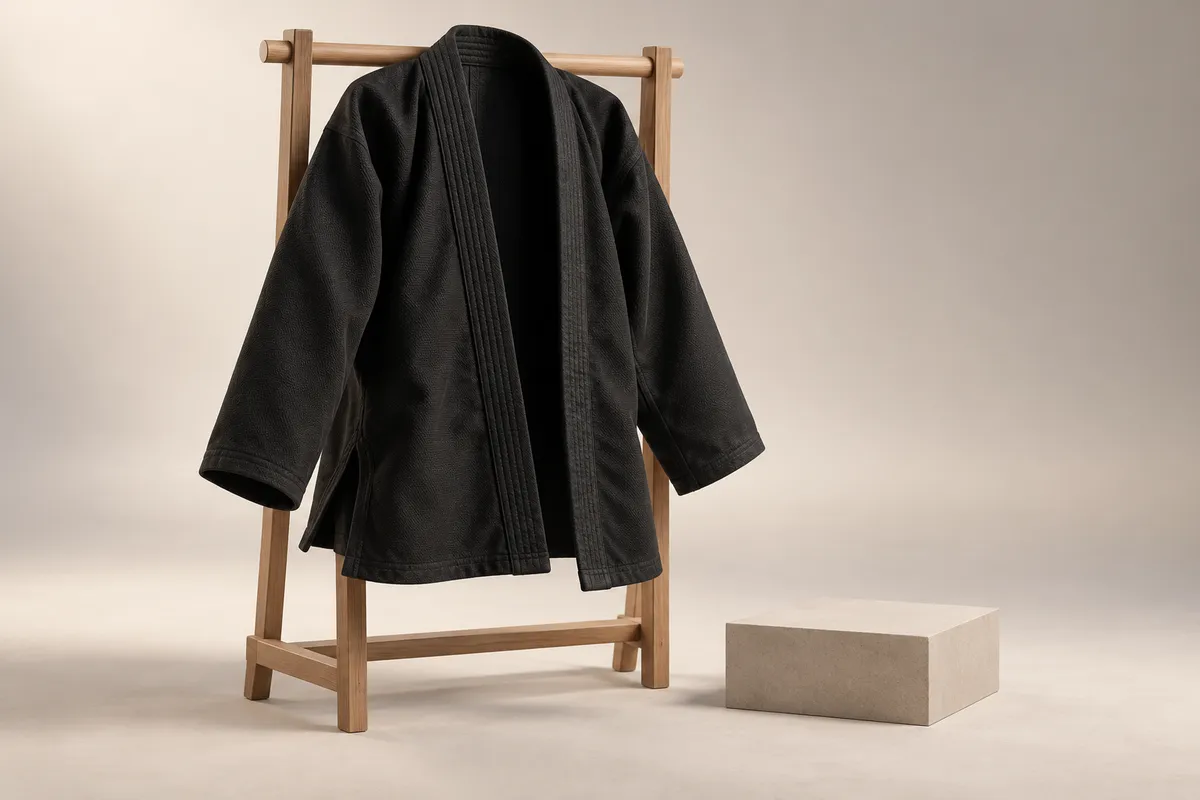 3D illustration of a black gi jacket hanging open on a wooden drying rack