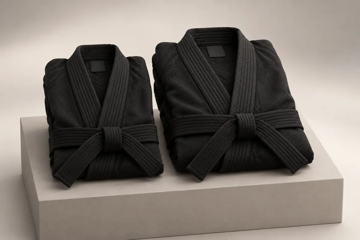3D illustration of two folded black gis side by side, a smaller narrower one and a larger wider one, each with a blank tag