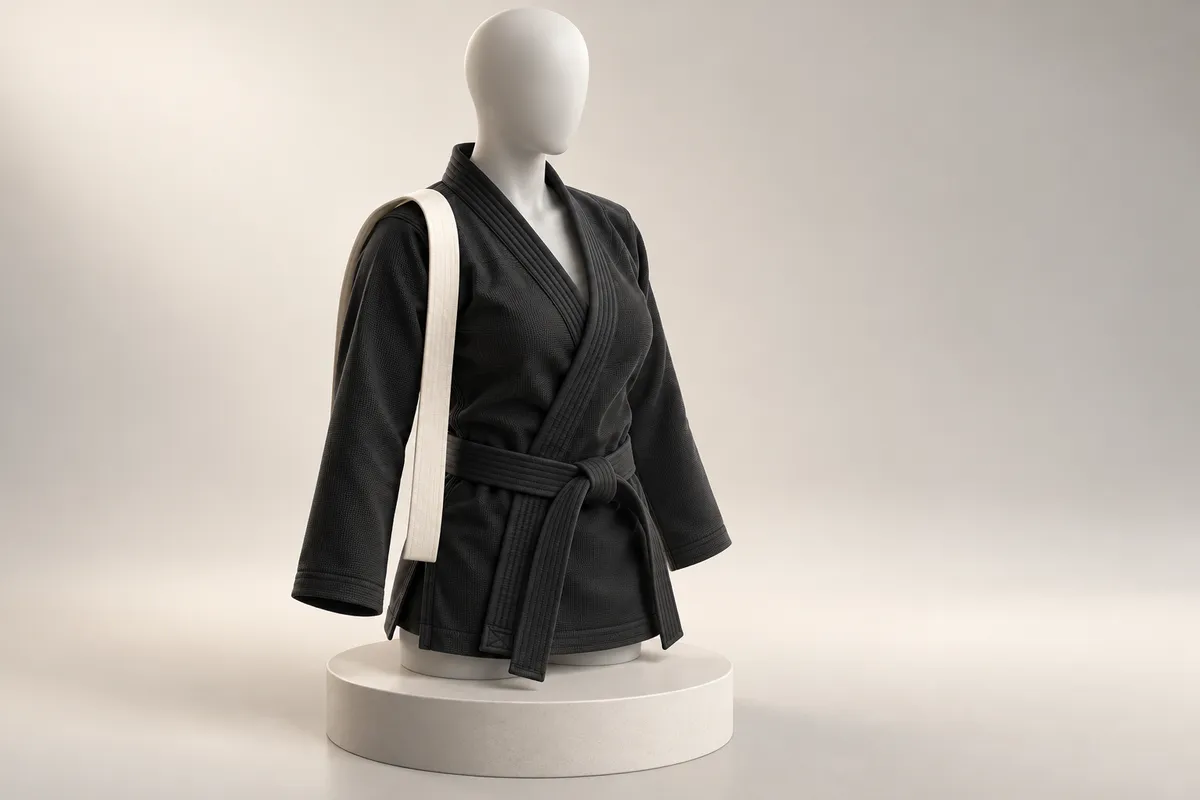 3D illustration of a black women's gi jacket on a faceless mannequin with a blank tape measure over one shoulder